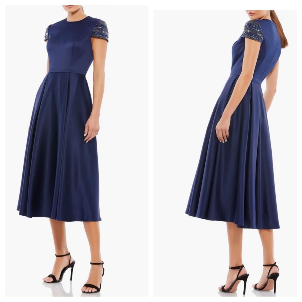 Mac Duggal Navy Beaded high neck tea length Cap-Sleeve dress